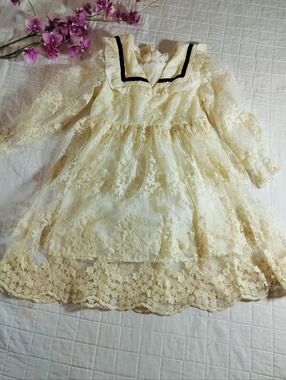 & Other Stories Cream Lace Long-Sleeve Girls Dress with Black Trim